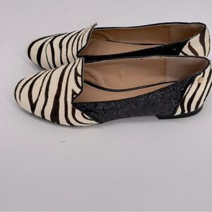 IMAN Zebra Cow Hair Black Glitter Leather Flats 9M